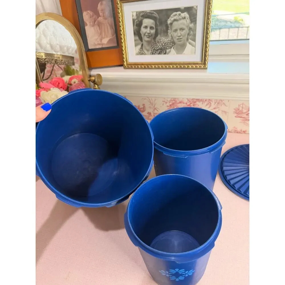 Vintage Tupperware Canister Set, Servalier, Set of 3 Dark Blue Sunburst Lids